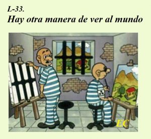 Lección 33 Ucdm caricatura dos personas dibujando en carcel