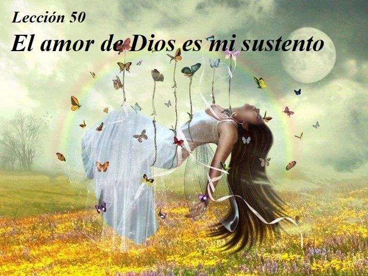Lección 50 Ucdm mujer flotando con mariposas caricatura